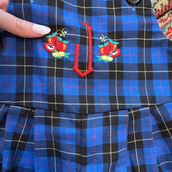Vintage Fast Friends “J” Monogram Embroidered Bee and Apples Blue Plaid Overalls - Picture 3 of 8